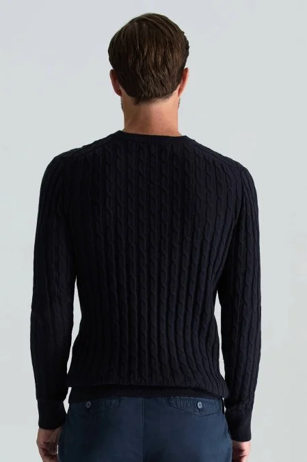 Lambswool Yün Saç Örgülü Bisiklet Yaka Lacivert Kazak