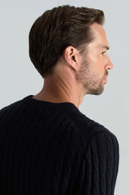 Lambswool Yün Saç Örgülü Bisiklet Yaka Lacivert Kazak