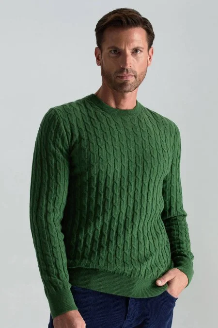 Lambswool Yün Saç Örgü Desenli Bisiklet Yaka Yeşil Kazak