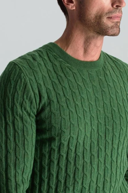 Lambswool Yün Saç Örgülü Bisiklet Yaka Yeşil Kazak