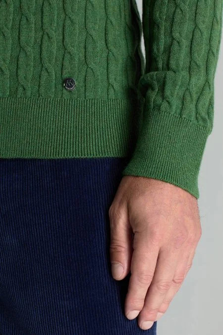 Lambswool Yün Saç Örgülü Bisiklet Yaka Yeşil Kazak