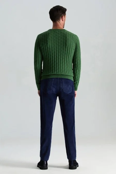 Lambswool Yün Saç Örgülü Bisiklet Yaka Yeşil Kazak