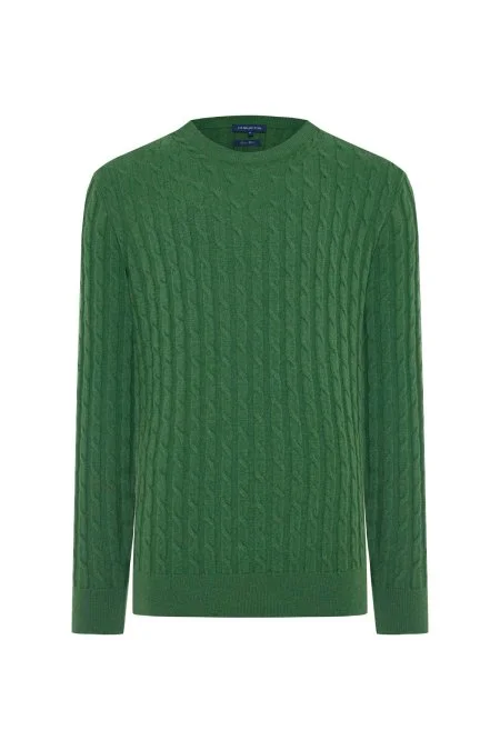 Lambswool Yün Saç Örgülü Bisiklet Yaka Yeşil Kazak