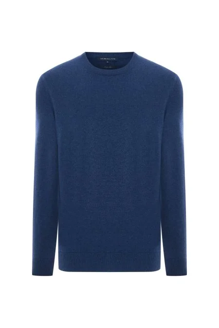 Lambswool Yünü Bisiklet Yaka Mavi Triko Kazak