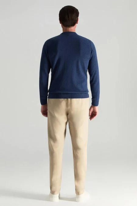 Lambswool Yünü Bisiklet Yaka Mavi Triko Kazak