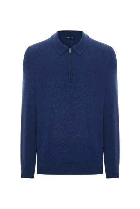 Lambswool Yünü Polo Yaka Yarım Fermuarlı Mavi Triko Kazak