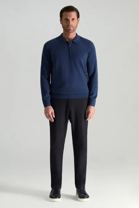 Lambswool Yünü Polo Yaka Yarım Fermuarlı Mavi Triko Kazak
