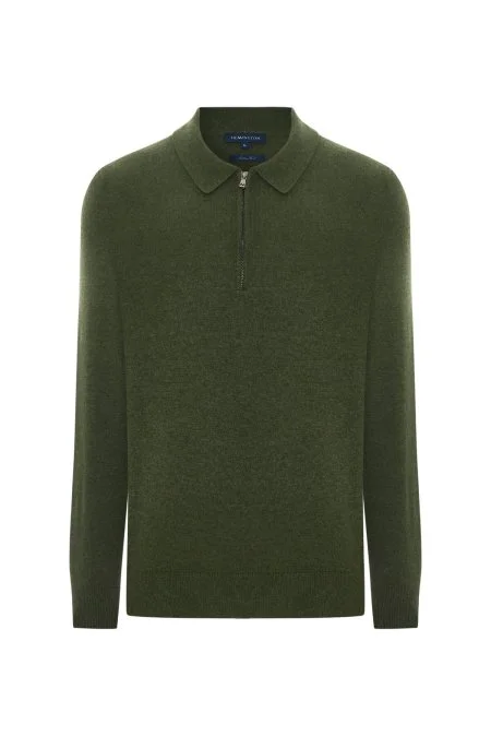 Lambswool Yünü Polo Yaka Yarım Fermuarlı Yeşil Triko Kazak