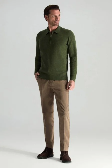 Lambswool Yünü Polo Yaka Yarım Fermuarlı Yeşil Triko Kazak