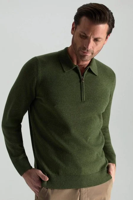 Lambswool Yünü Polo Yaka Yarım Fermuarlı Yeşil Triko Kazak