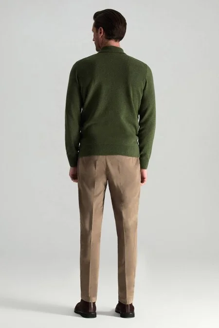 Lambswool Yünü Polo Yaka Yarım Fermuarlı Yeşil Triko Kazak