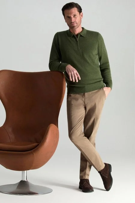 Lambswool Yünü Polo Yaka Yarım Fermuarlı Yeşil Triko Kazak