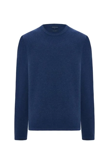 Lambswool Yünü Şerit Detaylı Bisiklet Yaka Mavi Triko Kazak