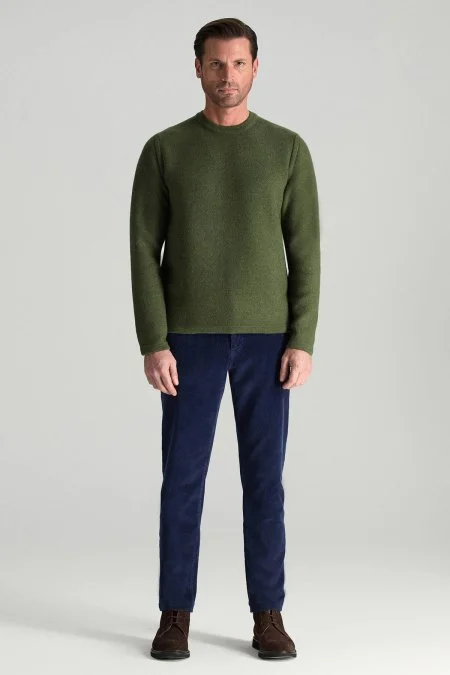 Lambswool Yünü Şerit Detaylı Bisiklet Yaka Yeşil Triko Kazak