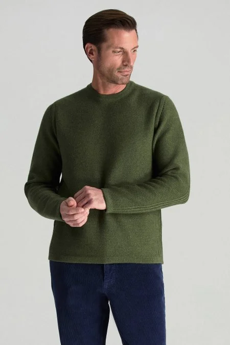 Lambswool Yünü Şerit Detaylı Bisiklet Yaka Yeşil Triko Kazak