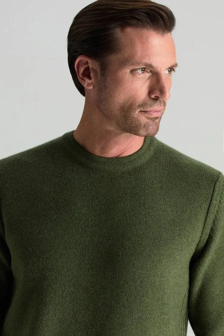 Lambswool Yünü Şerit Detaylı Bisiklet Yaka Yeşil Triko Kazak