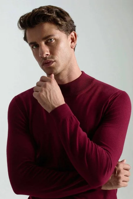 Lupetto Yaka Merino Yün Bordo Triko