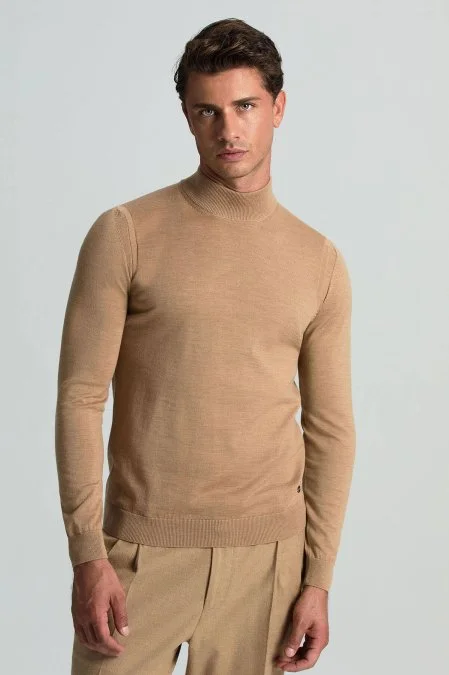 Lupetto Yaka Merino Yün Camel Triko