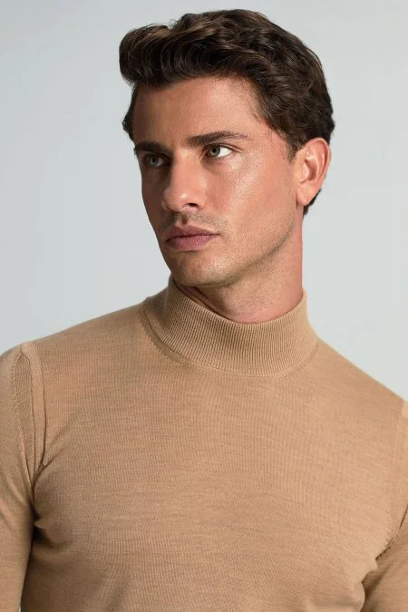 Lupetto Yaka Merino Yün Camel Triko