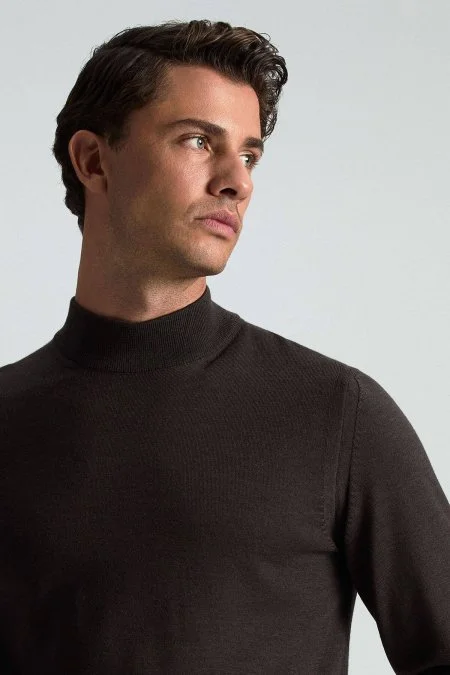 Lupetto Yaka Merino Yün Koyu Kahverengi Triko