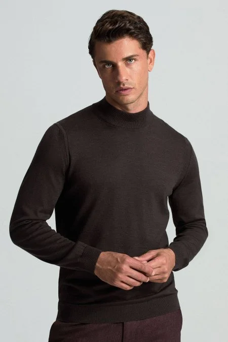 Lupetto Yaka Merino Yün Koyu Kahverengi Triko