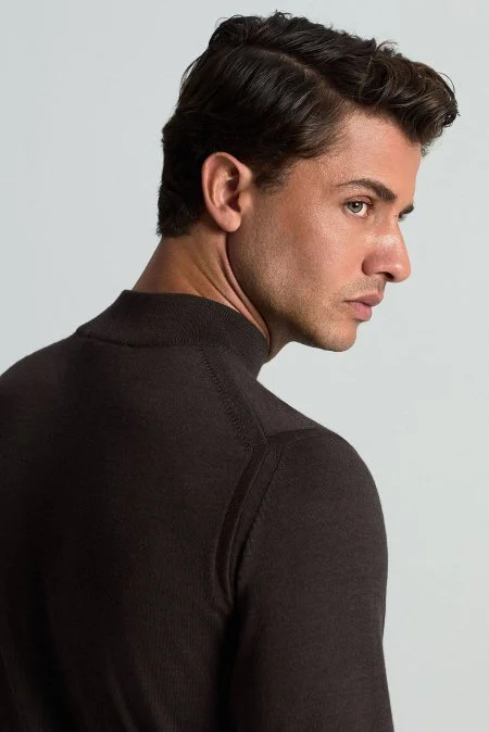 Lupetto Yaka Merino Yün Koyu Kahverengi Triko