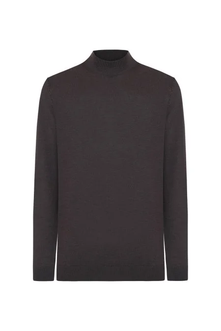 Lupetto Yaka Merino Yün Koyu Kahverengi Triko