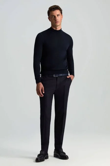 Lupetto Yaka Merino Yün Lacivert Triko