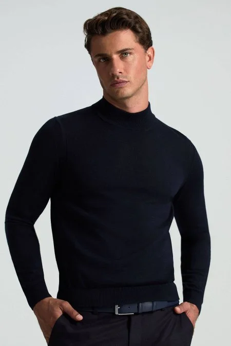 Lupetto Yaka Merino Yün Lacivert Triko