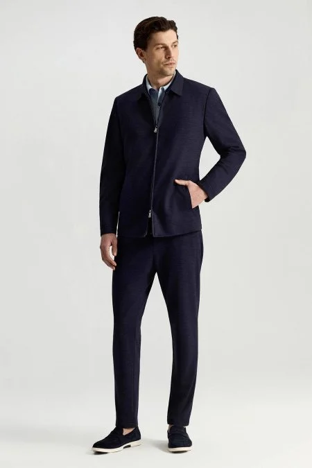 Lyocell Kumaş Fermuarlı Lacivert Spor Ceket