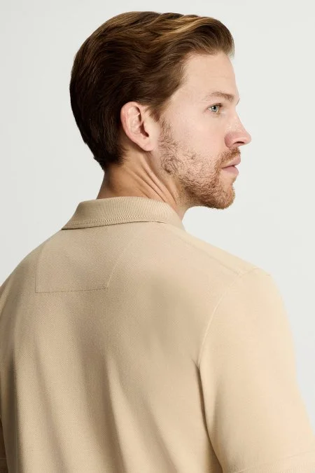 Lyocell Pamuk Kumaş Bej Polo Yaka T-Shirt