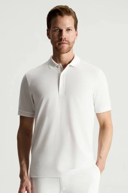Lyocell Pamuk Kumaş Beyaz Polo Yaka T-Shirt