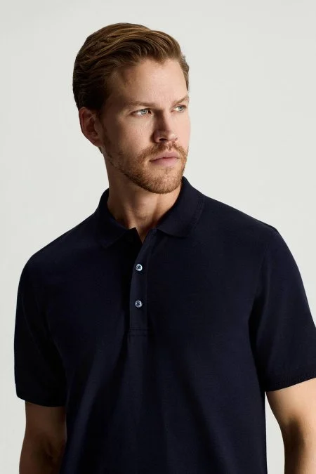 Lyocell Pamuk Kumaş Lacivert Polo Yaka T-Shirt