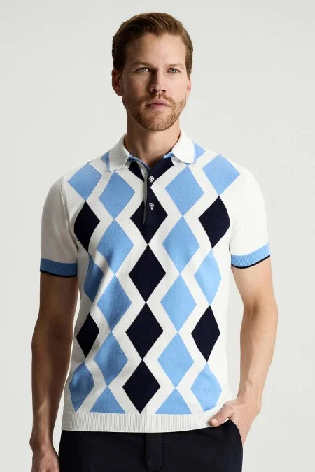 Mavi Beyaz Argyle Desen Triko Polo