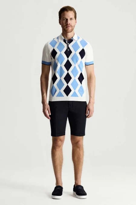 Mavi Beyaz Argyle Desen Triko Polo
