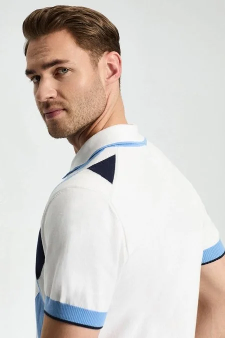 Mavi Beyaz Baklava Desen Triko Polo