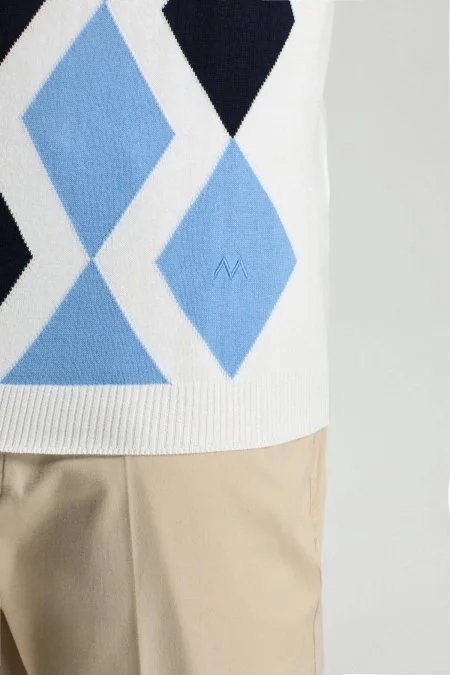 Mavi Beyaz Baklava Desen Triko Polo