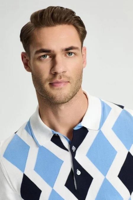 Mavi Beyaz Baklava Desen Triko Polo