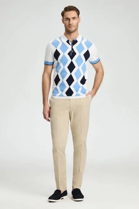 Mavi Beyaz Baklava Desen Triko Polo