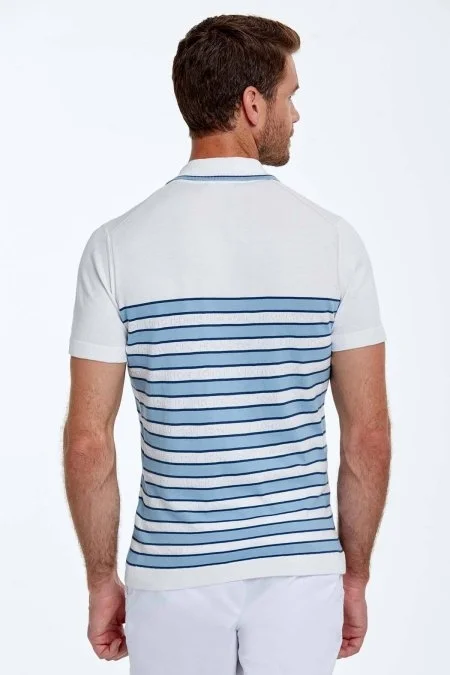 Mavi Çizgi Desen Beyaz Triko Polo