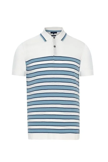 Mavi Çizgi Desen Beyaz Triko Polo