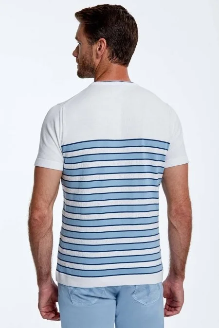 Mavi Çizgi Desen Bisiklet Yaka Beyaz Triko T-Shirt