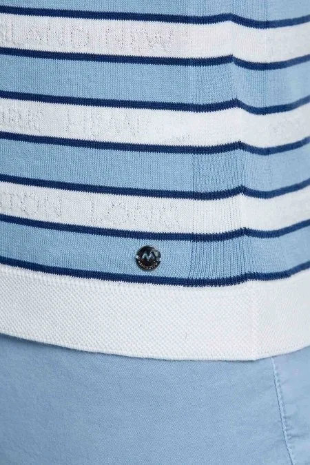 Mavi Çizgi Desen Bisiklet Yaka Beyaz Triko T-Shirt