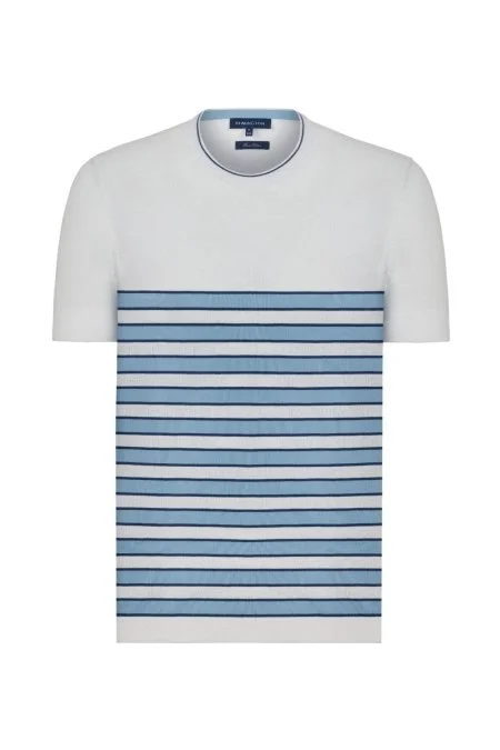 Mavi Çizgi Desen Bisiklet Yaka Beyaz Triko T-Shirt