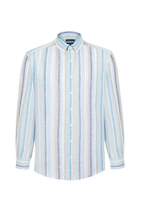 Mavi Çizgili Saf Keten Gömlek