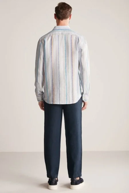 Mavi Çizgili Saf Keten Gömlek