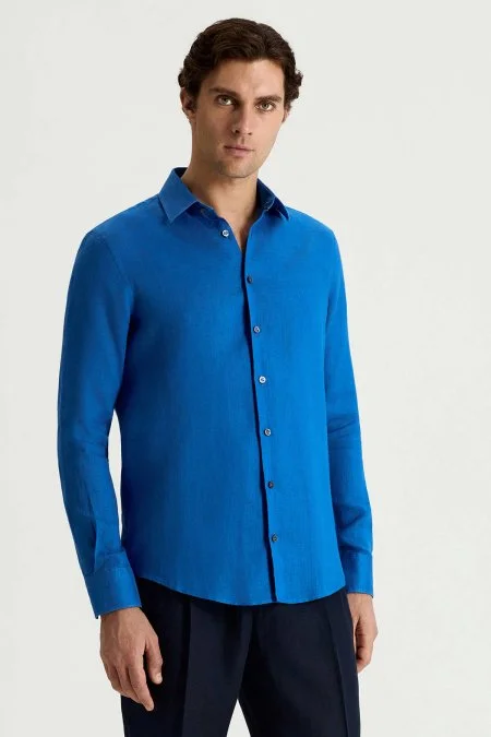 İndigo Mavi Saf Keten Spor Gömlek