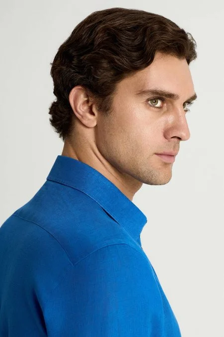 İndigo Mavi Saf Keten Spor Gömlek