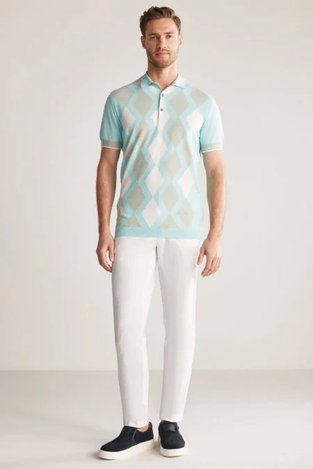 Mavi Yeşil Baklava Desen Triko Polo