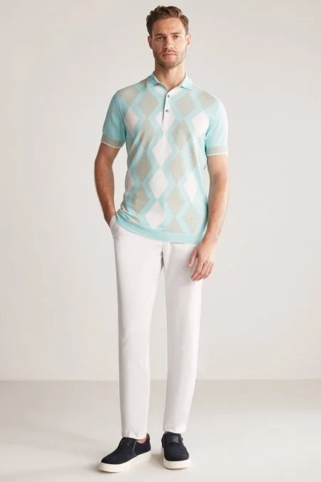 Mavi Yeşil Baklava Desen Triko Polo